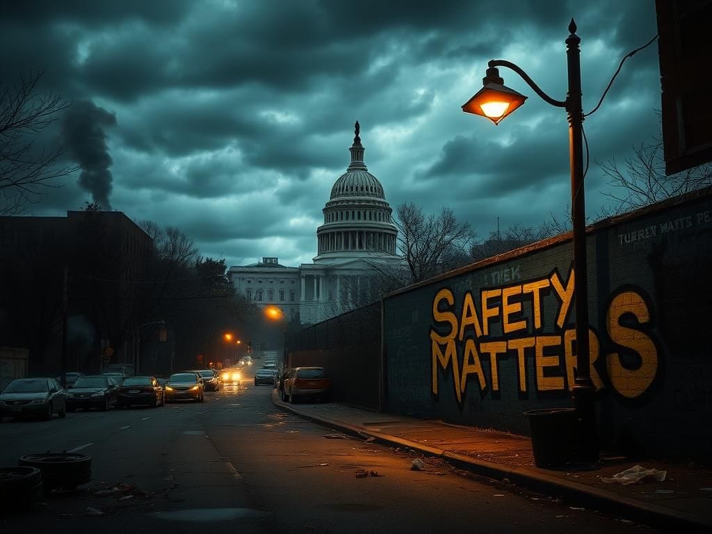 Flick International Dark urban scene in Washington, D.C. showcasing the Capitol building under a stormy sky with abandoned vehicles and graffiti.
