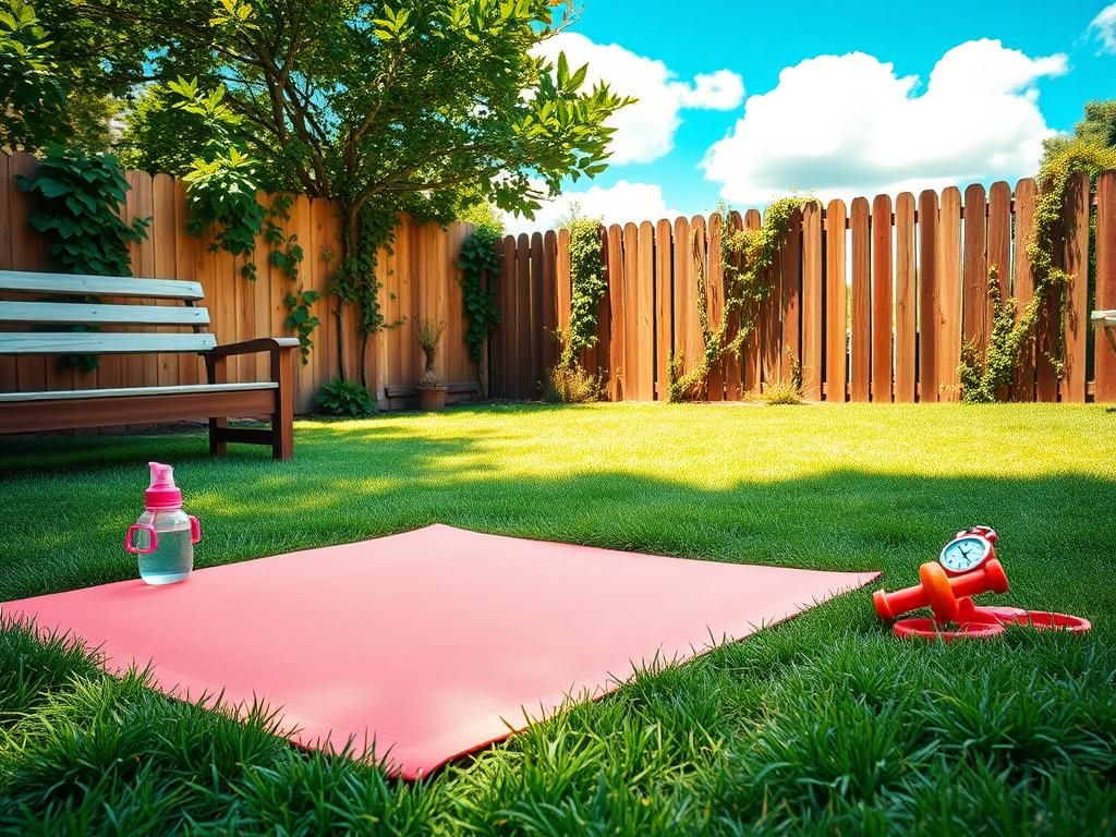 Flick International A vibrant backyard scene with an exercise mat, weights, and a water bottle, symbolizing discipline and family life.