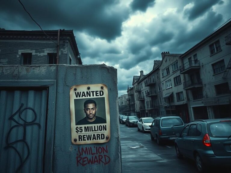 Flick International A dark urban landscape in Haiti with a faded wanted poster of Jimmy 'Barbecue' Chérizier amidst crumbling buildings and graffiti.