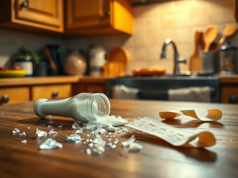 Flick International Close-up of a rustic kitchen countertop with a spilled bottle of ranch dressing surrounded by shards of glass and a bandage