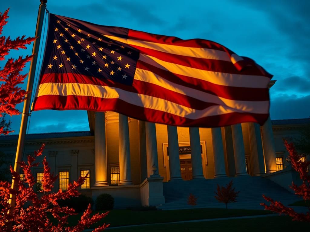 Flick International Grand courthouse at dusk with classical columns and American flag