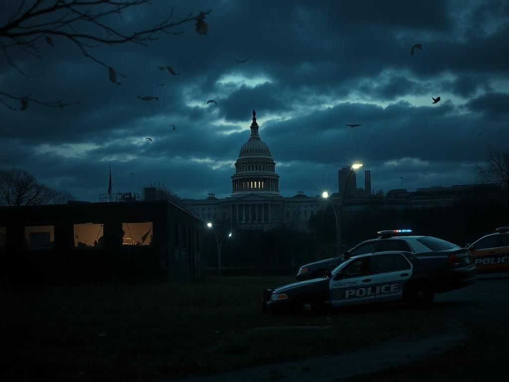 Flick International D.C. police station in disarray with broken windows and overgrown weeds