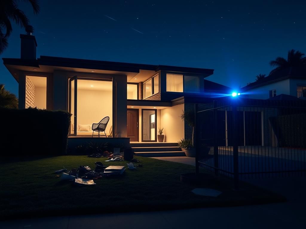 Flick International A luxurious Los Angeles home at night showing a disturbed front window and scattered items indicative of a burglary