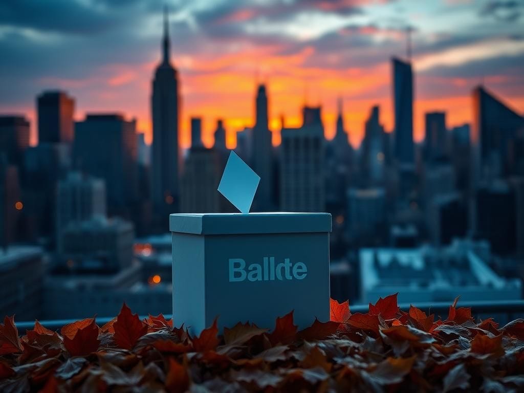 Flick International A vibrant sunset over New York City with a ballot box in the foreground symbolizing the mayoral election