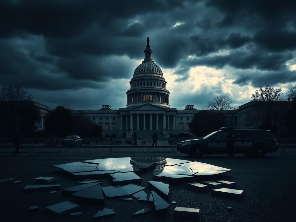 Flick International Silhouette of the U.S. Capitol building under stormy skies symbolizing political tension