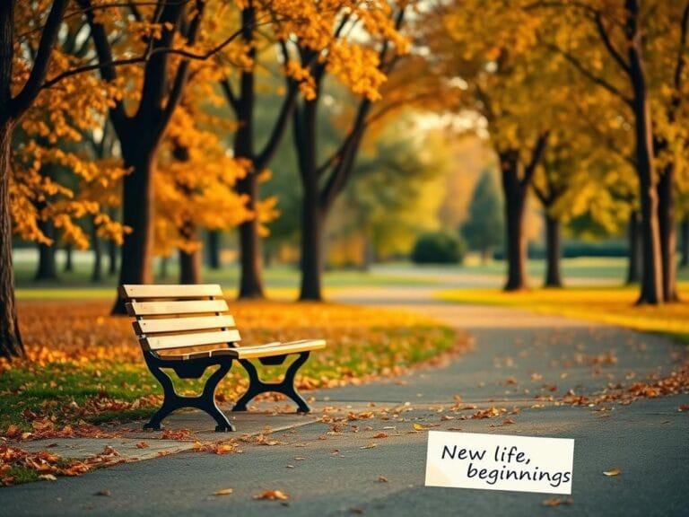 Flick International A serene autumn park scene with golden and orange leaves and an empty wooden bench