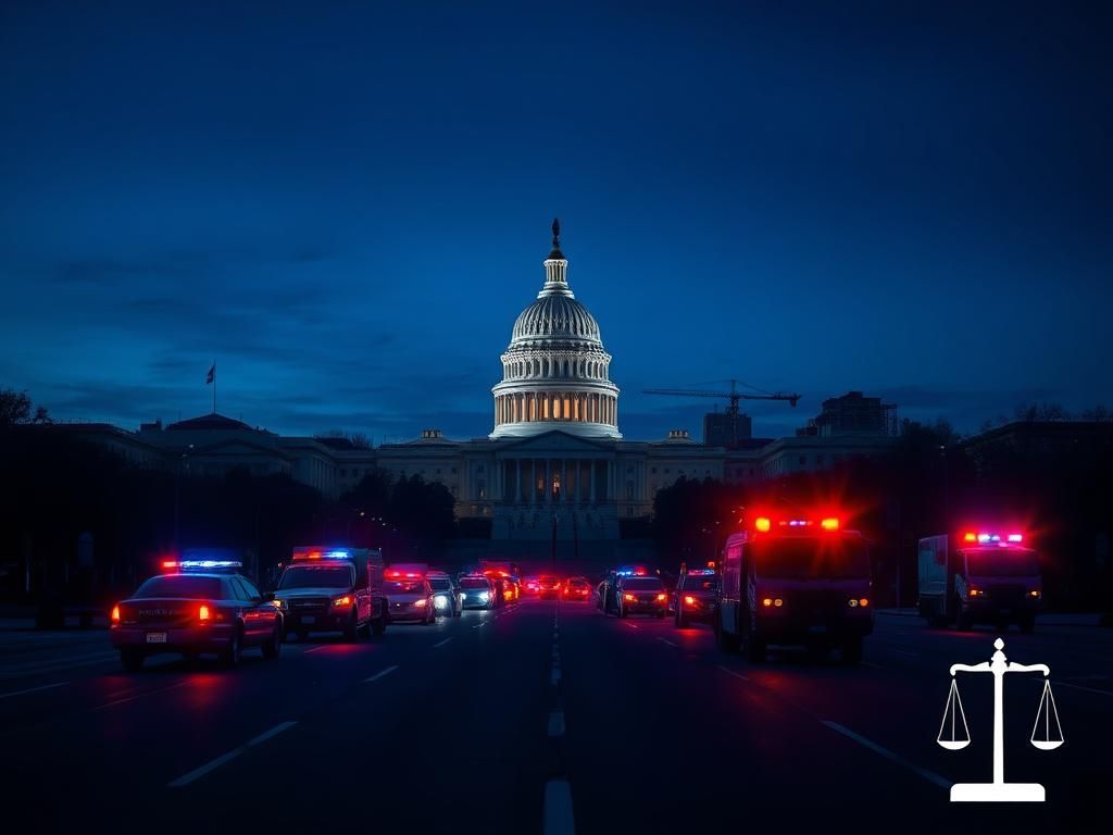 Flick International Dramatic view of Washington, D.C. skyline at dusk with illuminated Capitol Building and police vehicles.