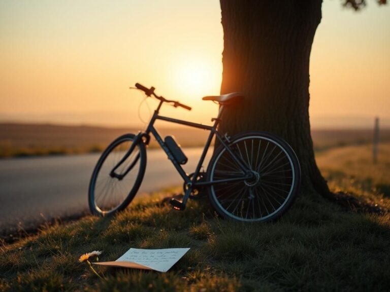 Flick International Two empty bicycles resting against a tree on a peaceful country road at sunset