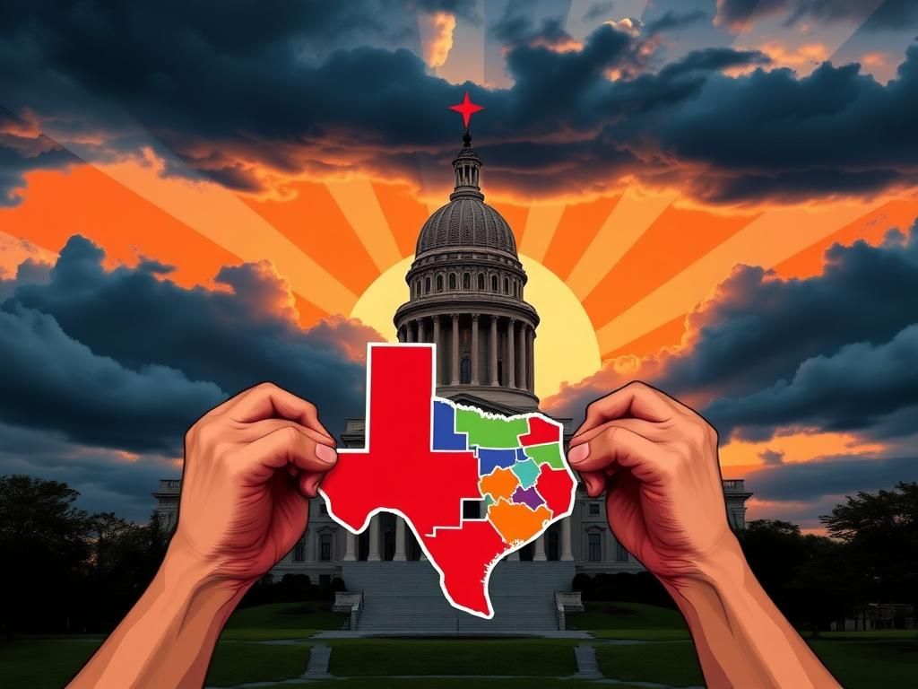 Flick International A stylized representation of the Texas state Capitol building at sunset with hands breaking apart a map of Texas symbolizing gerrymandering