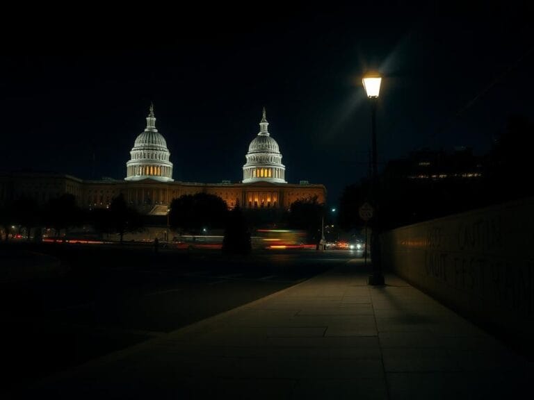 Flick International Nighttime cityscape of Washington, D.C. with illuminated government buildings and shadowy streets