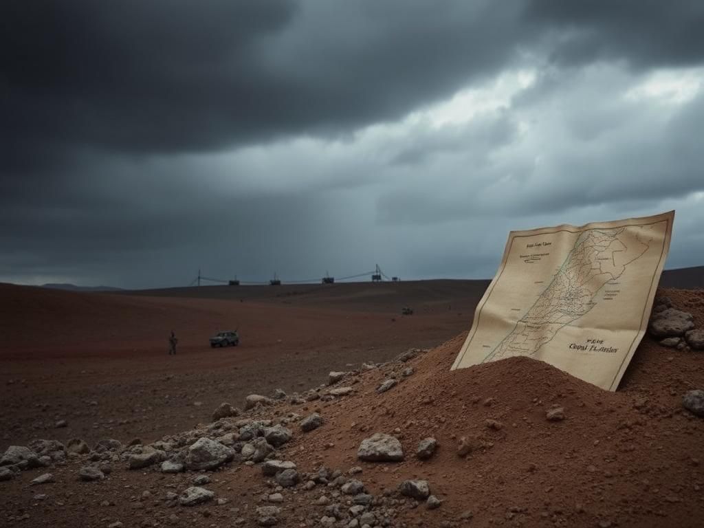 Flick International A dramatic landscape of southern Lebanon featuring rocky terrain under a stormy sky, with military posts in the distance.