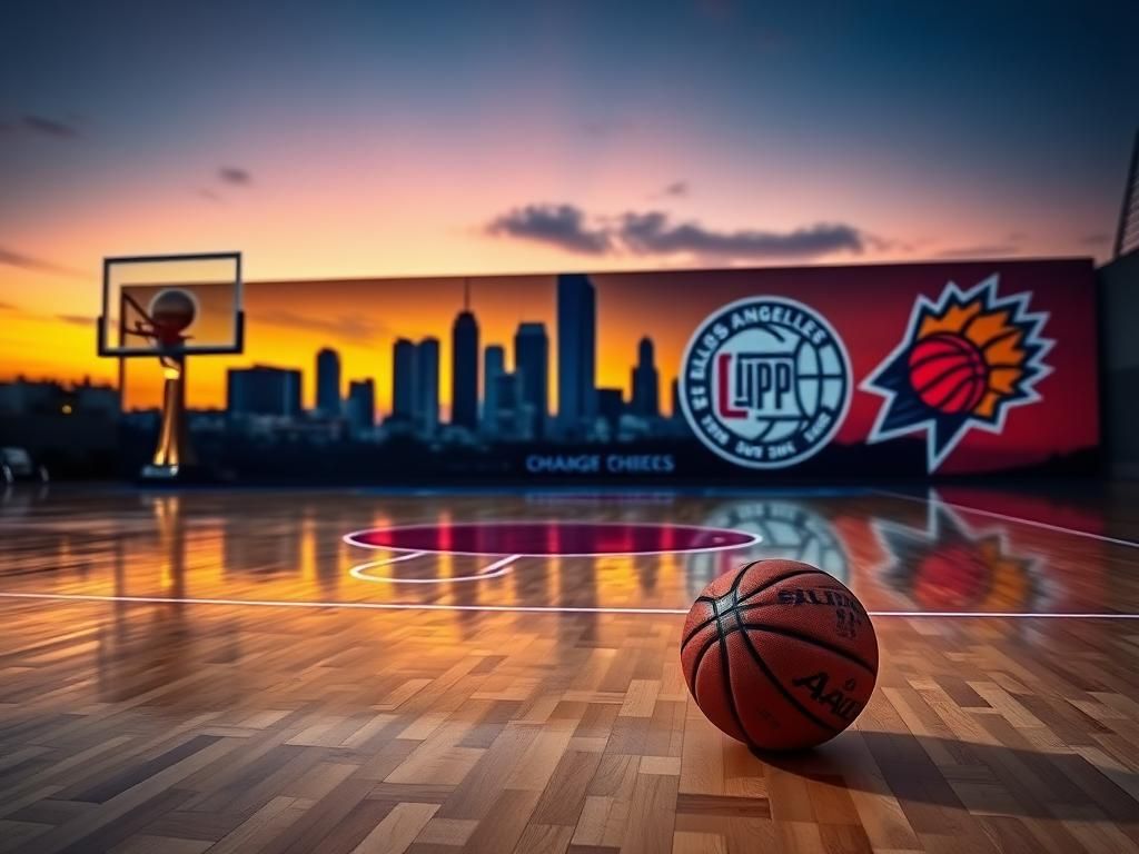 Flick International Dramatic basketball court at dusk with a trophy silhouette