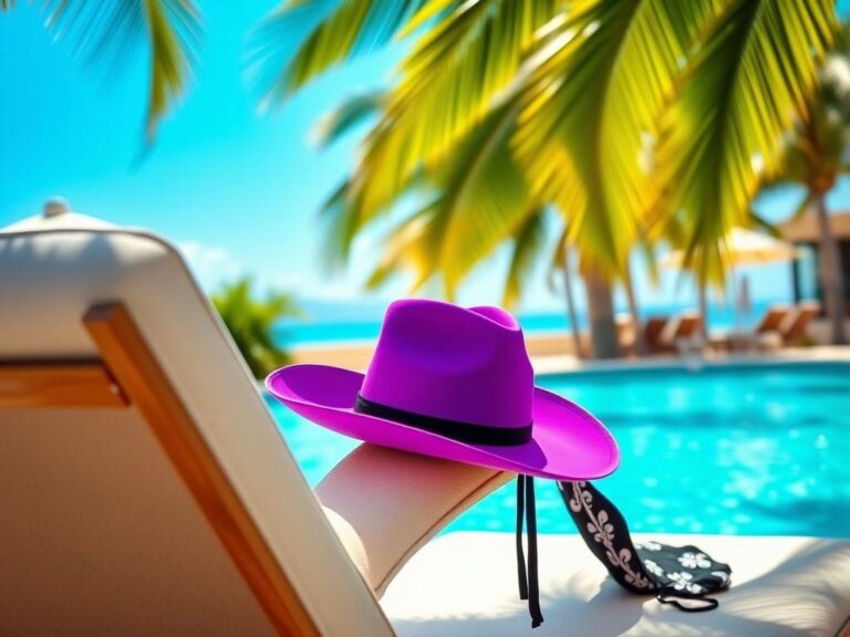 Flick International Stylish purple cowboy hat on poolside lounge chair with a black and white bikini draped nearby