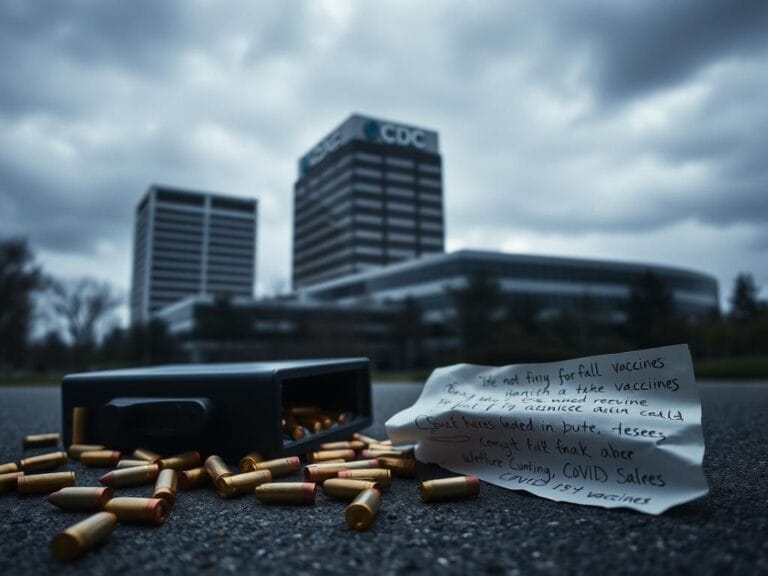 Flick International Scene depicting the CDC headquarters in Atlanta under a cloudy sky with scattered bullet casings in the foreground