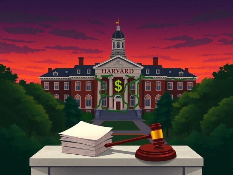 Flick International A stylized depiction of a university campus building under a twilight sky, symbolizing Harvard and legal negotiations.