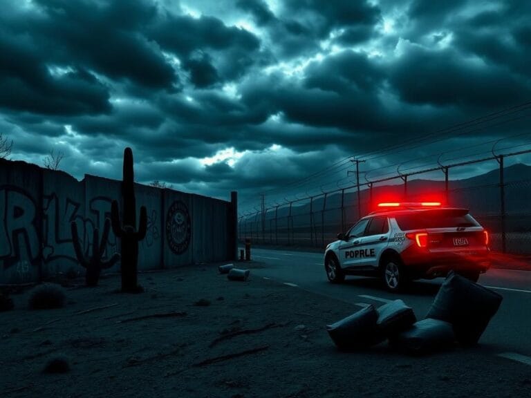 Flick International A border checkpoint highlighting the tension between Mexico and the U.S. with a crumbling wall and border patrol vehicle