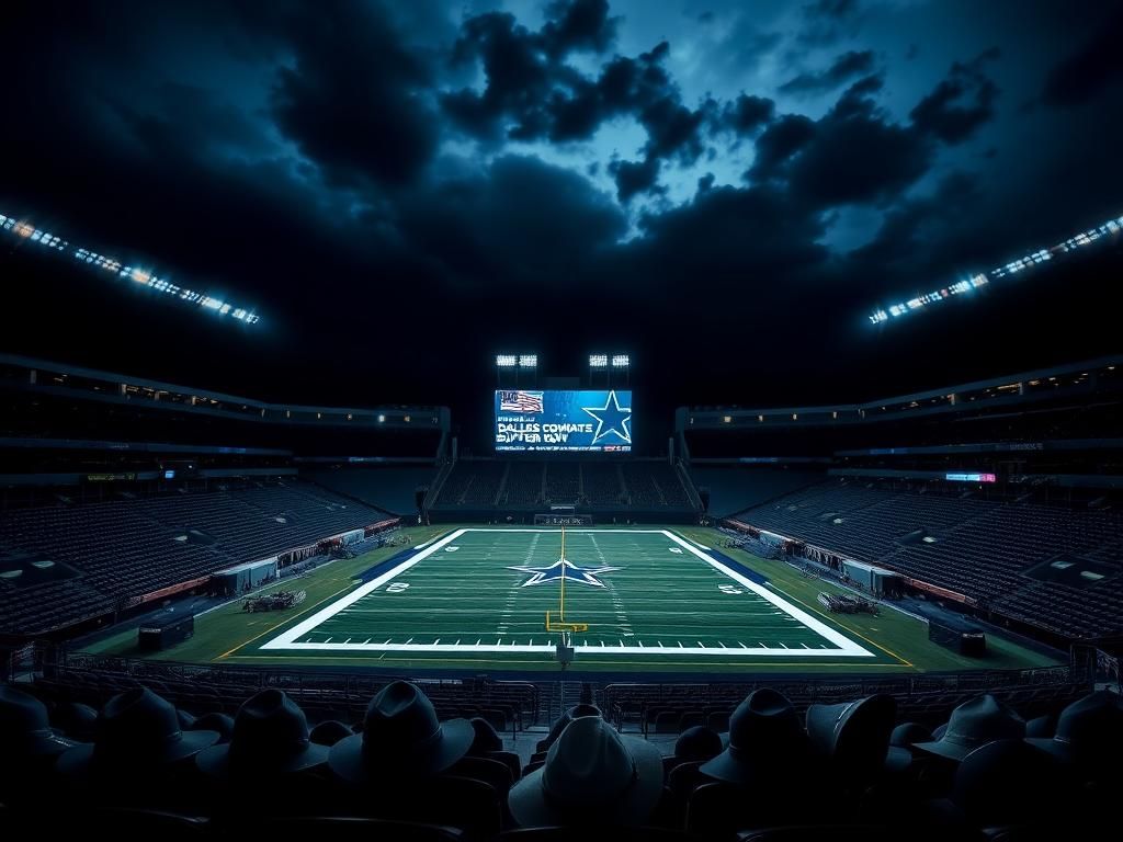Flick International A dramatic nighttime view of an empty football stadium with Cowboys star logo under dim lighting