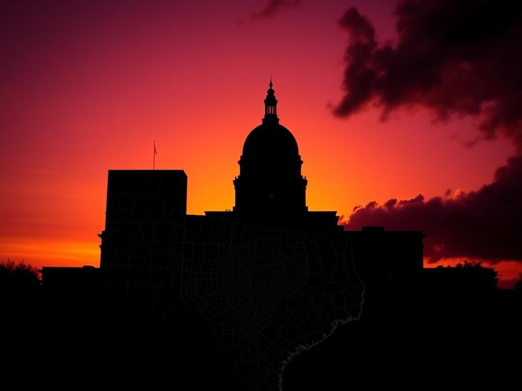 Flick International Silhouette of the Texas State Capitol building against a sunset sky with a Texas map and political tension