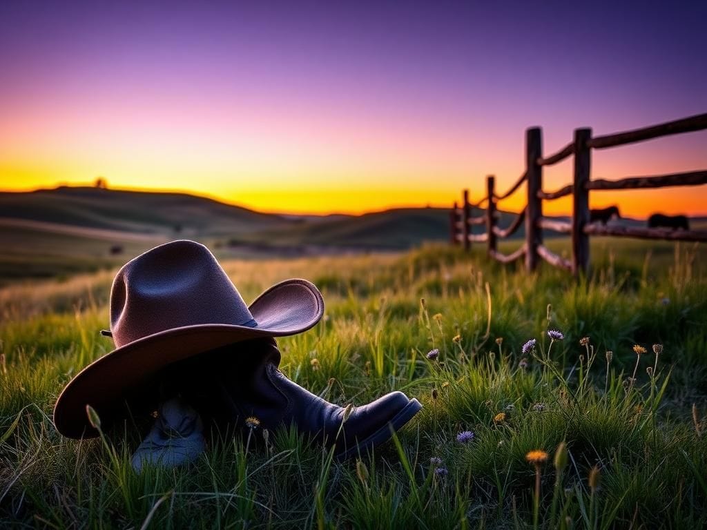 Flick International Landscape of a serene Montana ranch at sunset with cowboy boots and hat