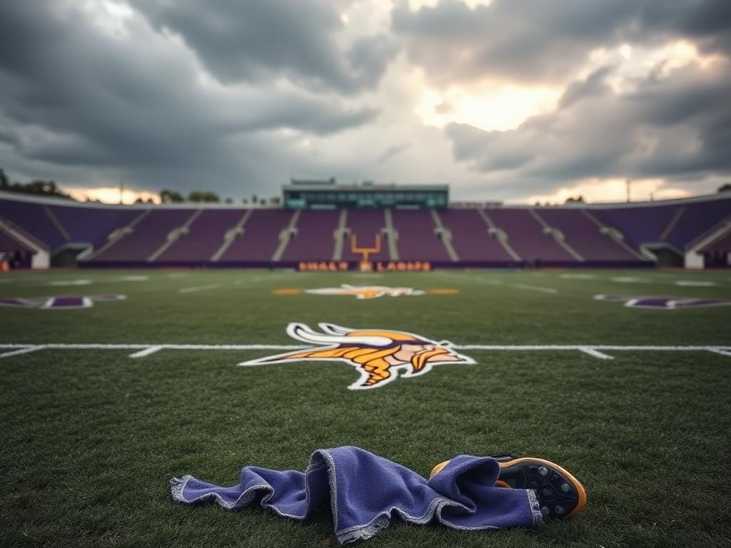 Flick International A sports field featuring the Minnesota Vikings logo amid dramatic cloud cover, symbolizing the impact of player injuries.