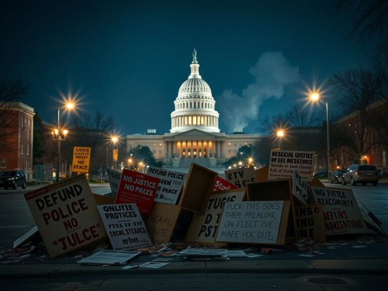 Flick International Nighttime urban scene in Washington, D.C. with overturned protest signs advocating for police defunding