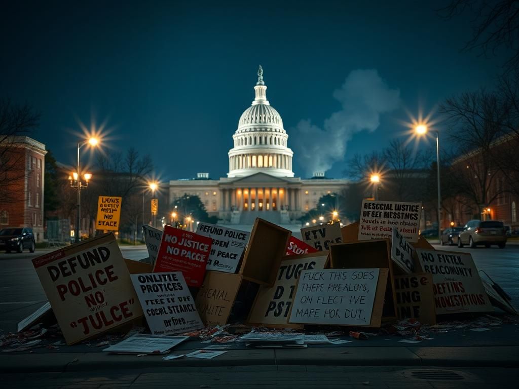 Flick International Nighttime urban scene in Washington, D.C. with overturned protest signs advocating for police defunding