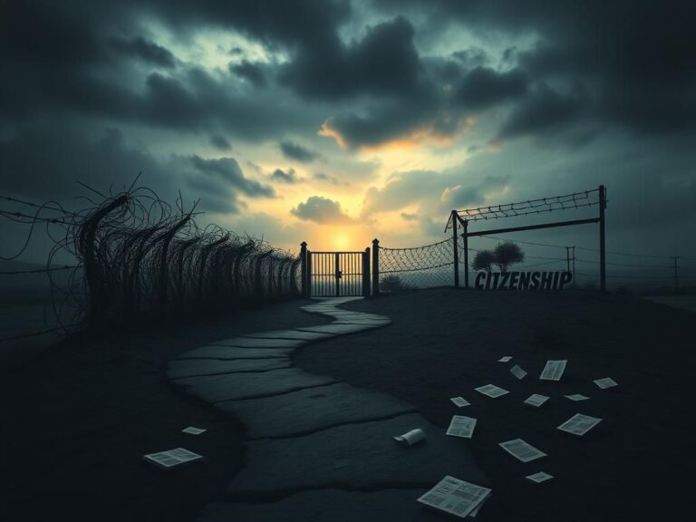 Flick International Dimly lit landscape symbolizing an immigrant's journey with barriers and hope