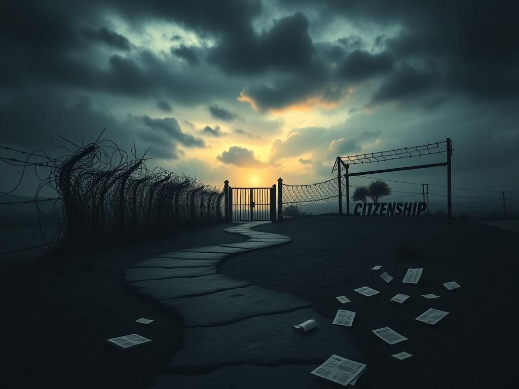 Flick International Dimly lit landscape symbolizing an immigrant's journey with barriers and hope