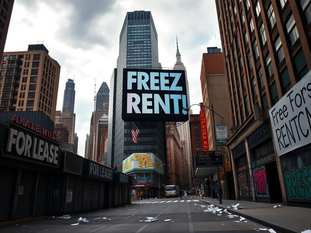 Flick International A bustling downtown New York City street showcasing a dramatic 'Freeze Rent!' billboard