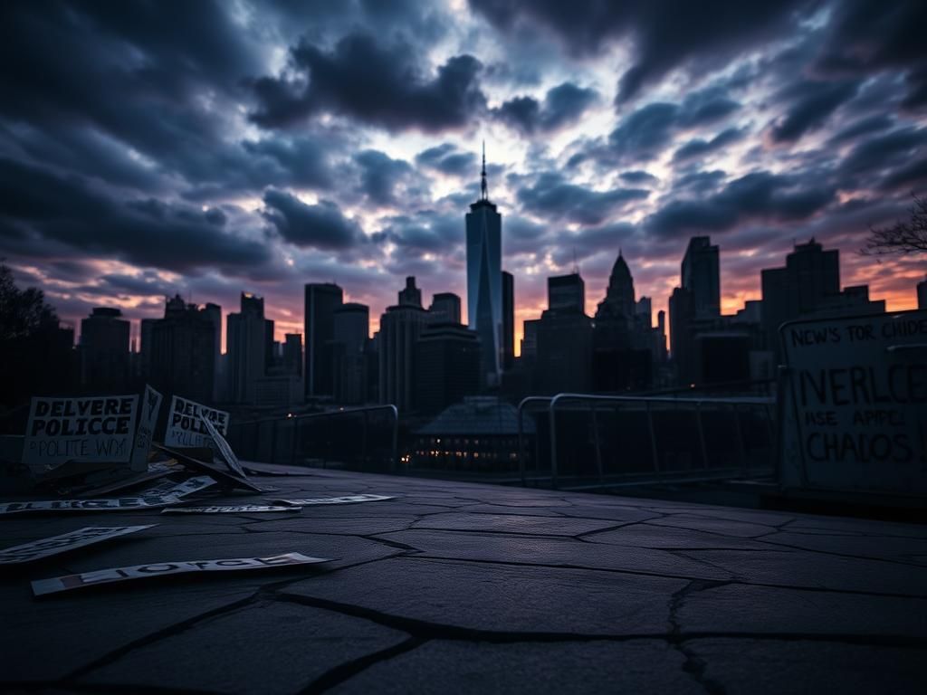 Flick International Dramatic cityscape of New York City at twilight with a cracked sidewalk and protest signs