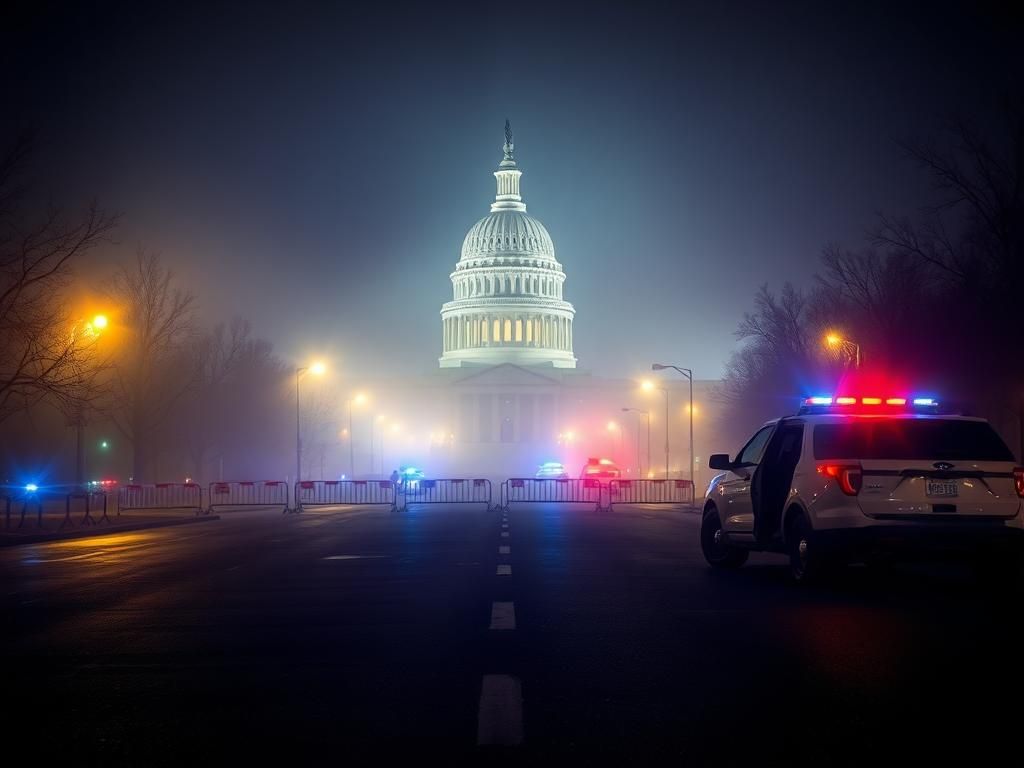 Flick International Nighttime view of the U.S. Capitol building illuminated by floodlights with police barricades on an empty street