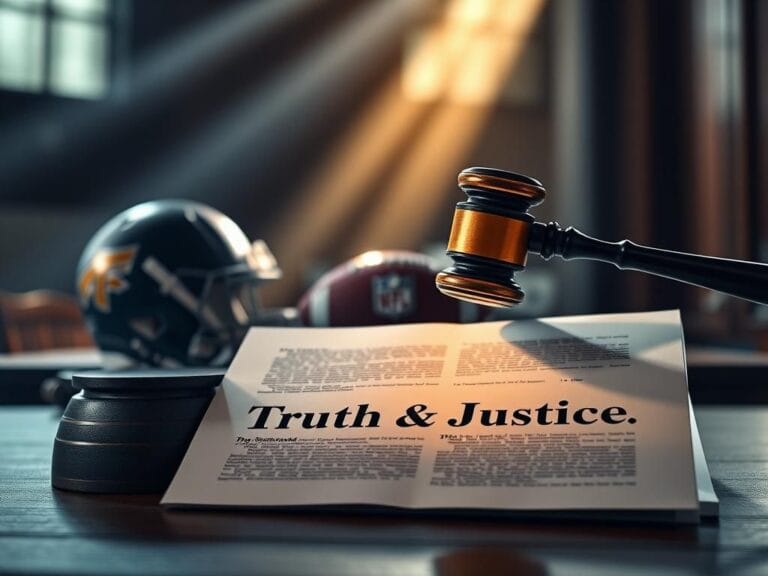 Flick International A courtroom gavel striking a block with NFL memorabilia in the background