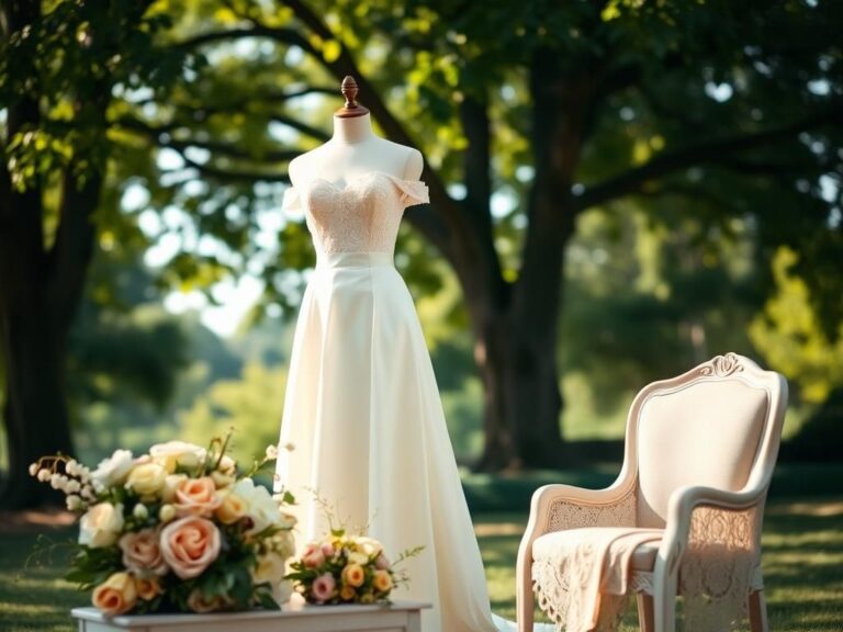 Flick International A repurposed wedding dress displayed on a vintage mannequin in a serene outdoor setting