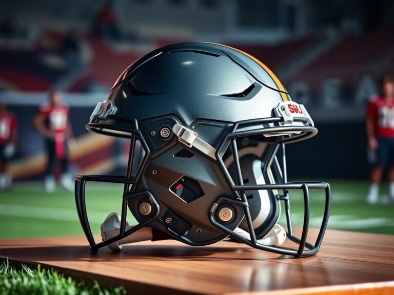 Flick International Close-up view of a futuristic NFL helmet on a wooden table with soft lighting