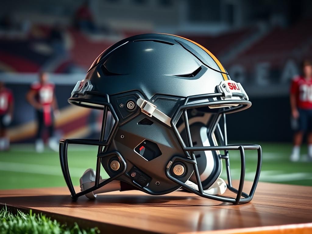 Flick International Close-up view of a futuristic NFL helmet on a wooden table with soft lighting