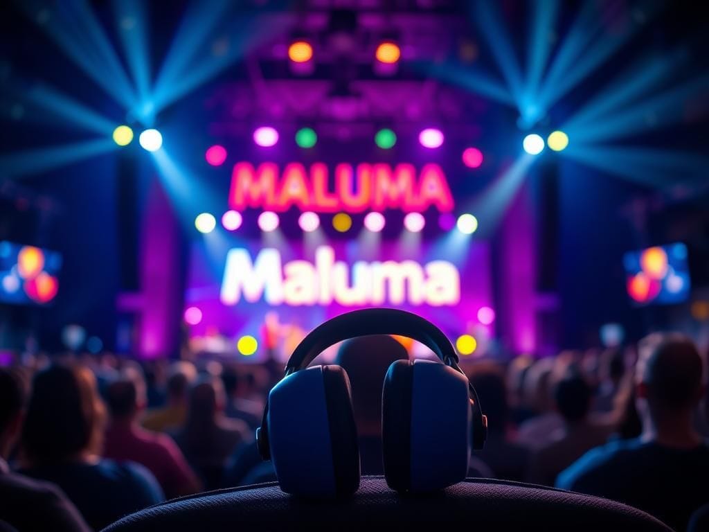 Flick International Audience scene at a Maluma concert with bright stage lights and baby earmuffs
