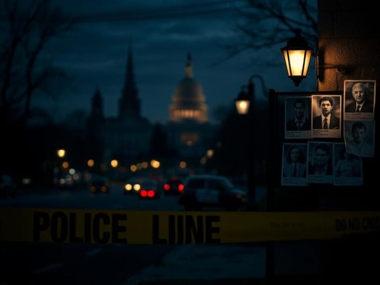 Flick International Dimly lit urban landscape of Washington D.C. featuring a police barricade and solemn posters memorializing crime victims