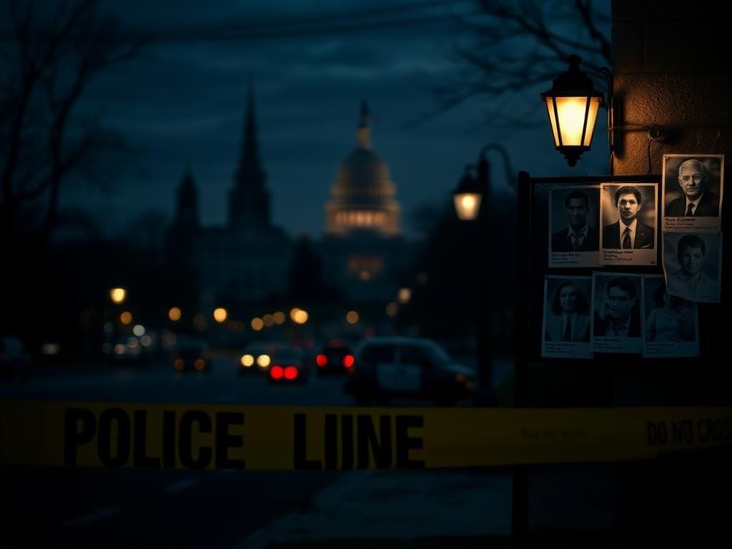 Flick International Dimly lit urban landscape of Washington D.C. featuring a police barricade and solemn posters memorializing crime victims