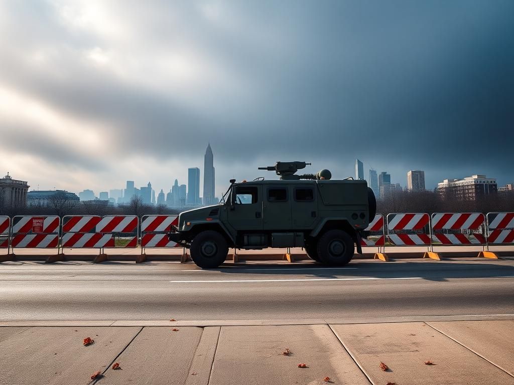 Flick International Military vehicle parked on a concrete street in Washington D.C. surrounded by barricades, symbolizing National Guard presence.