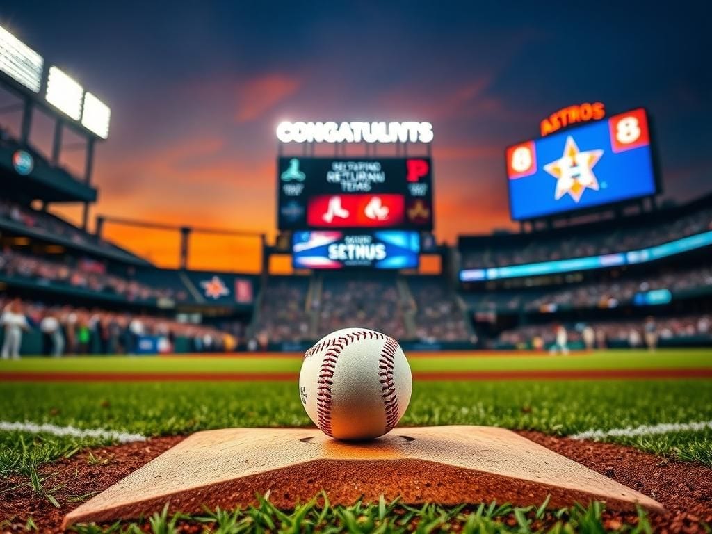 Flick International A vibrant baseball stadium scene in Houston, showcasing a historic moment for Alex Bregman with a baseball on home plate.