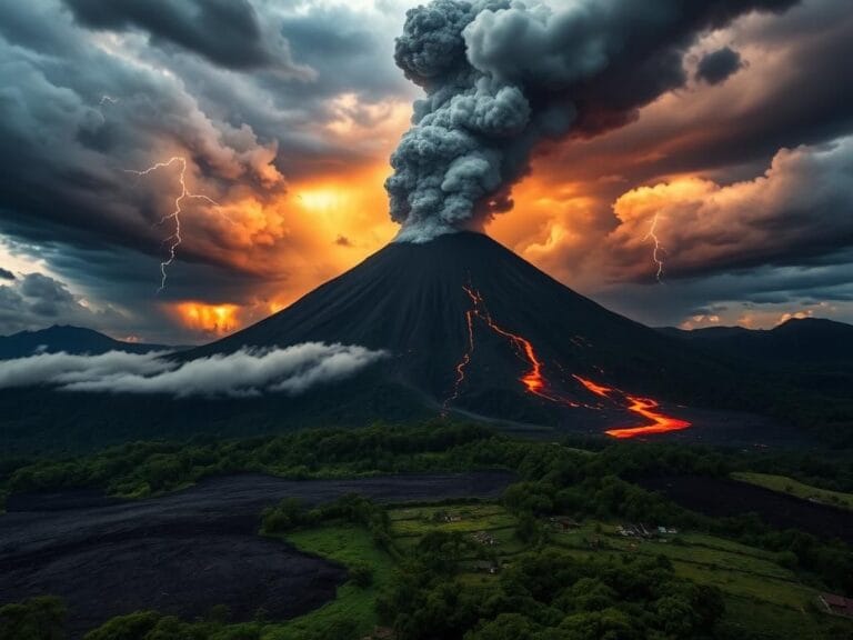 Flick International Eruption of Mount Lewotobi Laki Laki with ash and lava under stormy skies