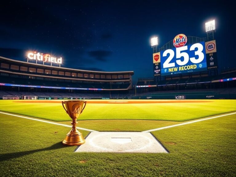 Flick International An empty baseball diamond at night with a golden trophy symbolizing Pete Alonso's home run record.