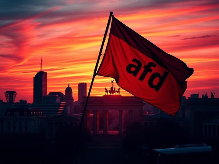Flick International Dramatic sunset over a German city skyline featuring the Brandenburg Gate and modern buildings, with an AfD flag waving in the foreground
