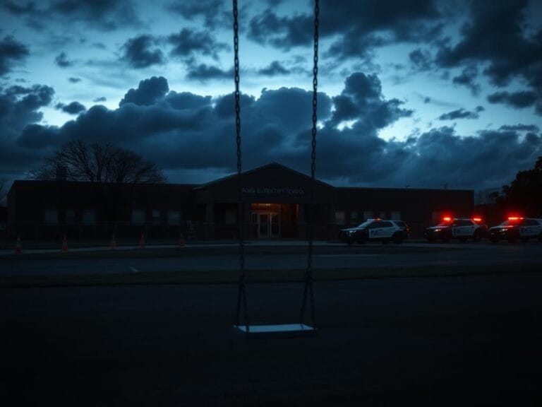 Flick International Exterior view of Robb Elementary School in Uvalde, Texas, captured during twilight