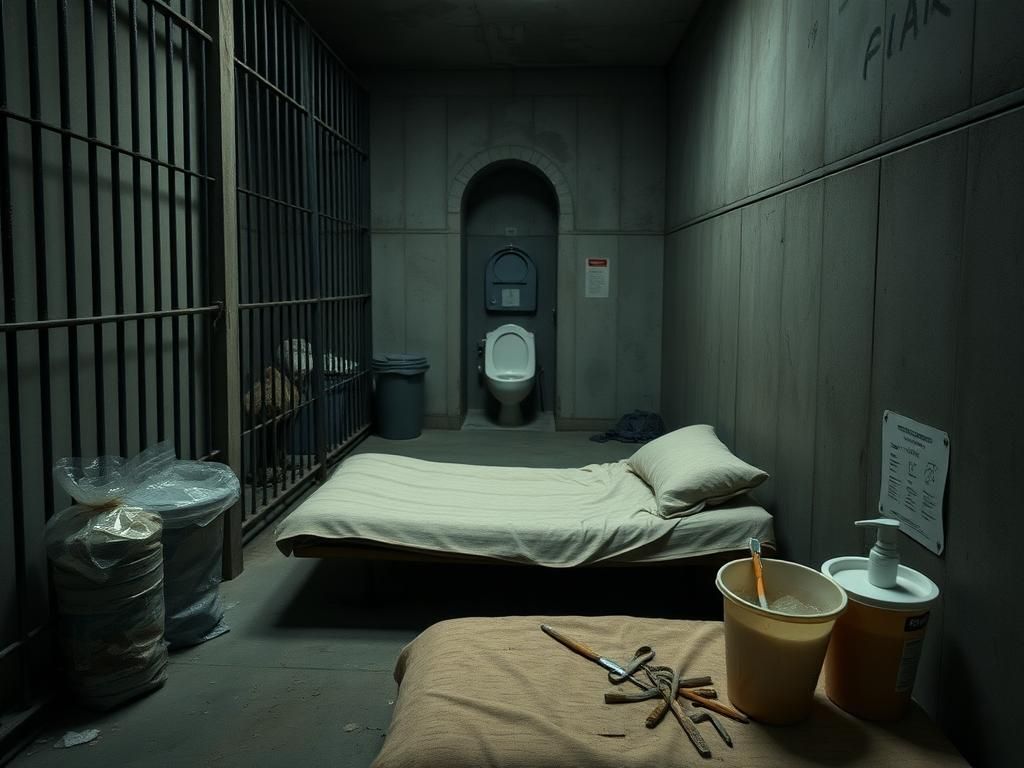 Flick International Dimly lit interior of an immigration holding facility with metal bars and neglected conditions