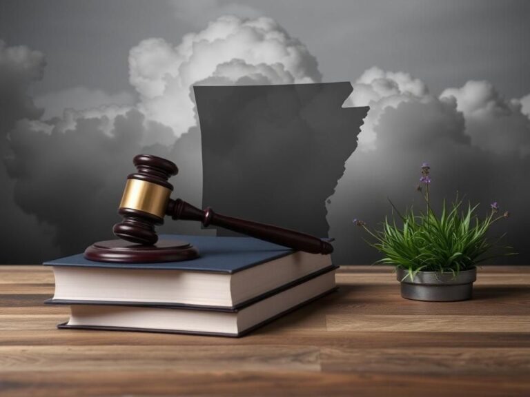 Flick International Gavel resting on a stack of legal books with Arkansas state silhouette in the background