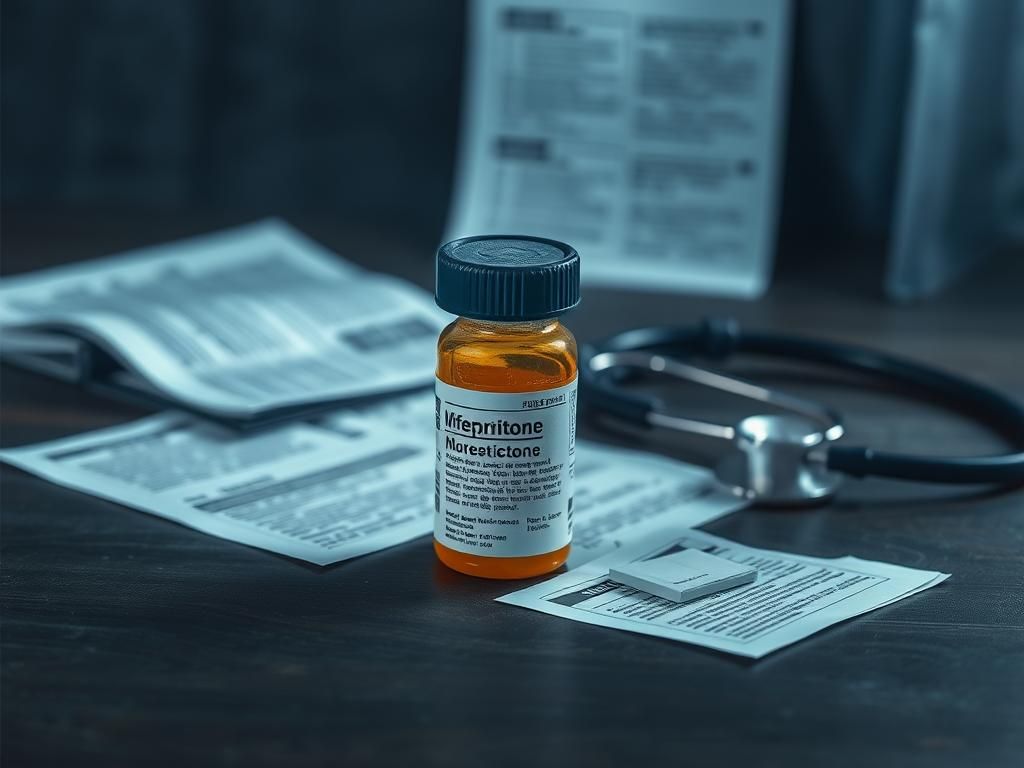 Flick International Prescription bottle of mifepristone on a wooden table with medical documents and stethoscope