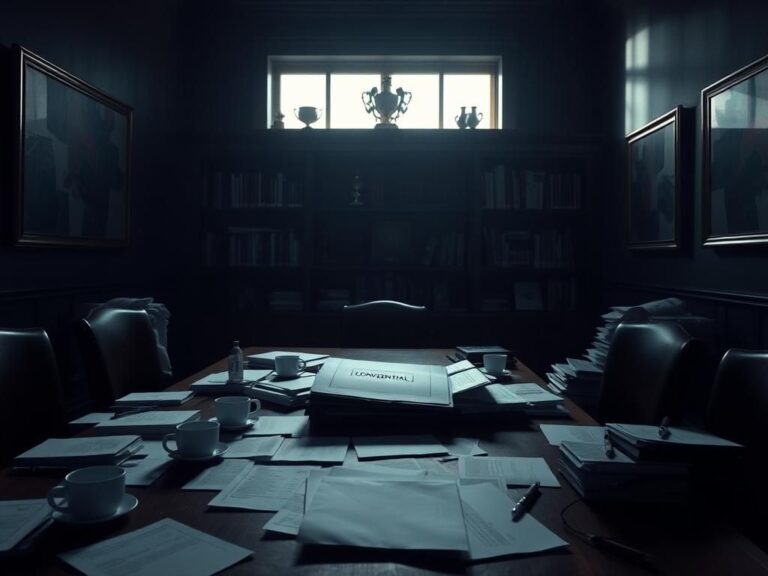 Flick International Dimly lit room with scattered documents implying investigation