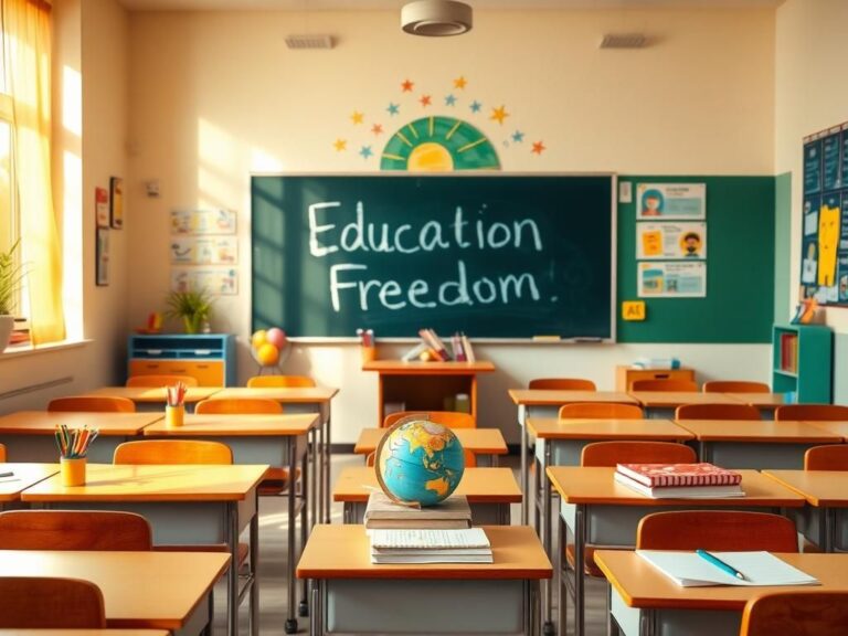 Flick International A serene classroom setting with colorful learning materials and a chalkboard saying 'Education Freedom'.