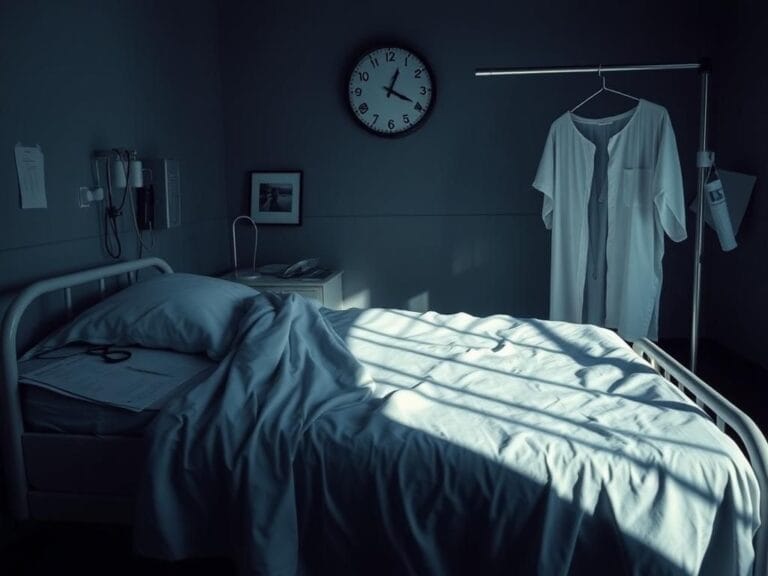 Flick International Dimly lit hospital room with a faded bed and scattered medical tools symbolizing the journey of detransitioners